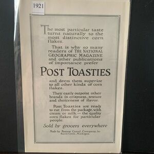 Vintage 1921 Post Toasties Quality Corn Flakes For Particular People Ad